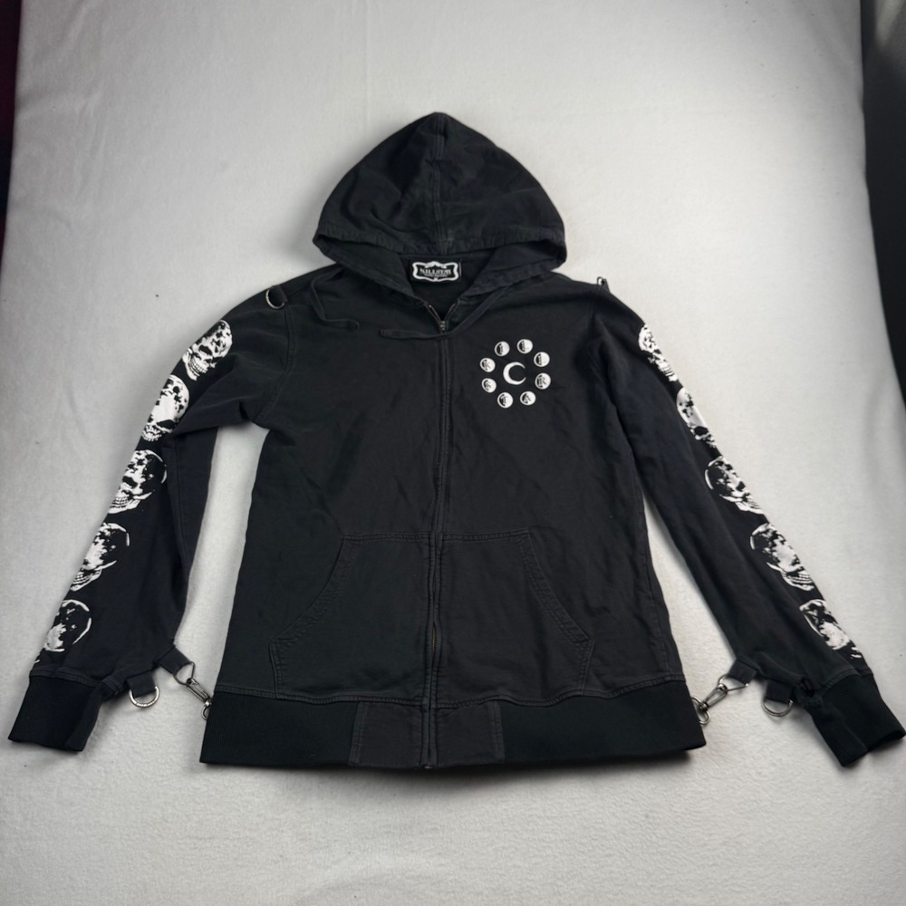 Killstar Black Moon Skull Bondage Zip‎ Up Hoodie Large Celestial Goth Straps